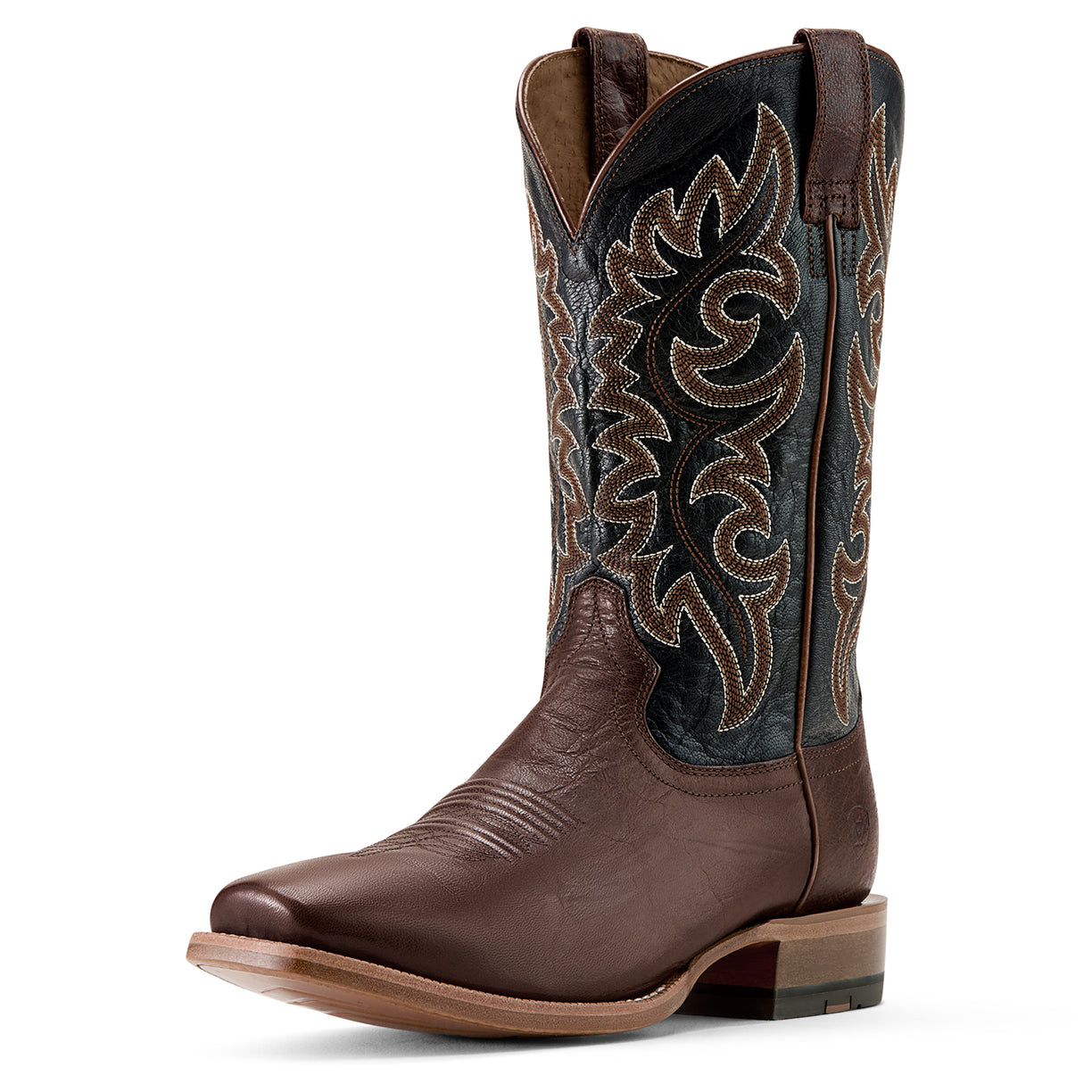 Brown cowboy boot with intricate stitching on a white background