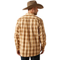 Man wearing a brown plaid shirt and cowboy hat on a white background