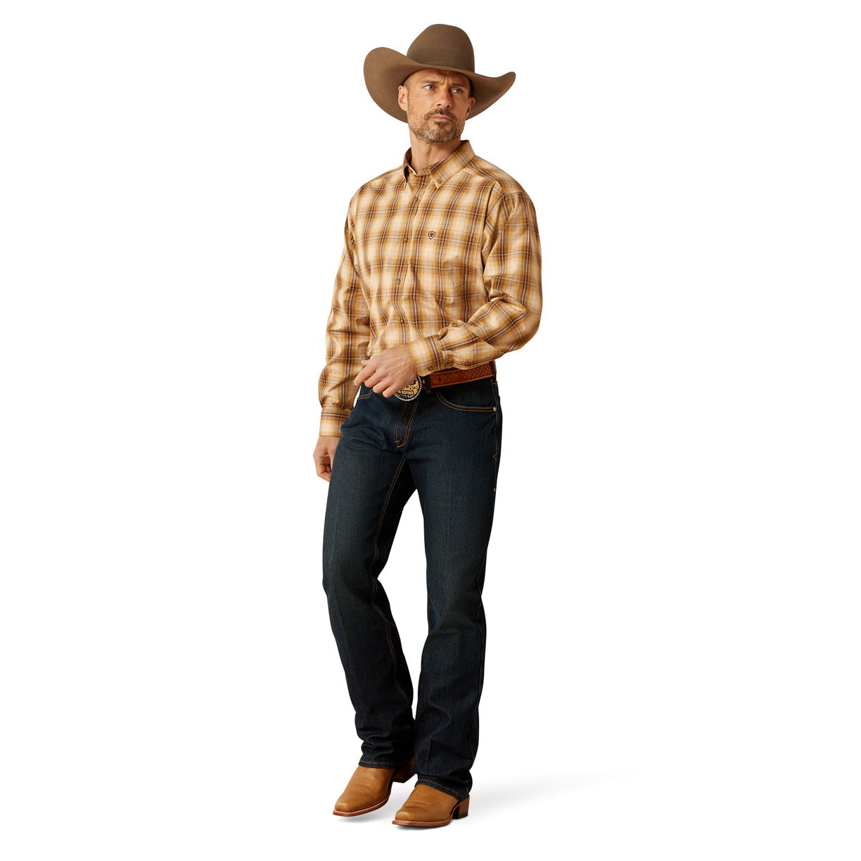 Man wearing a plaid shirt, jeans, and cowboy hat on a white background