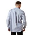 Man wearing a blue and white checkered shirt on a white background