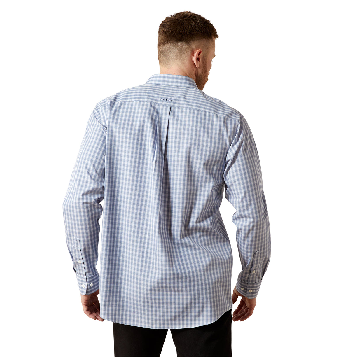 Man wearing a blue and white checkered shirt on a white background