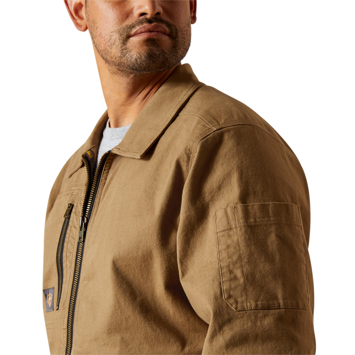 Man wearing a brown jacket on a white background