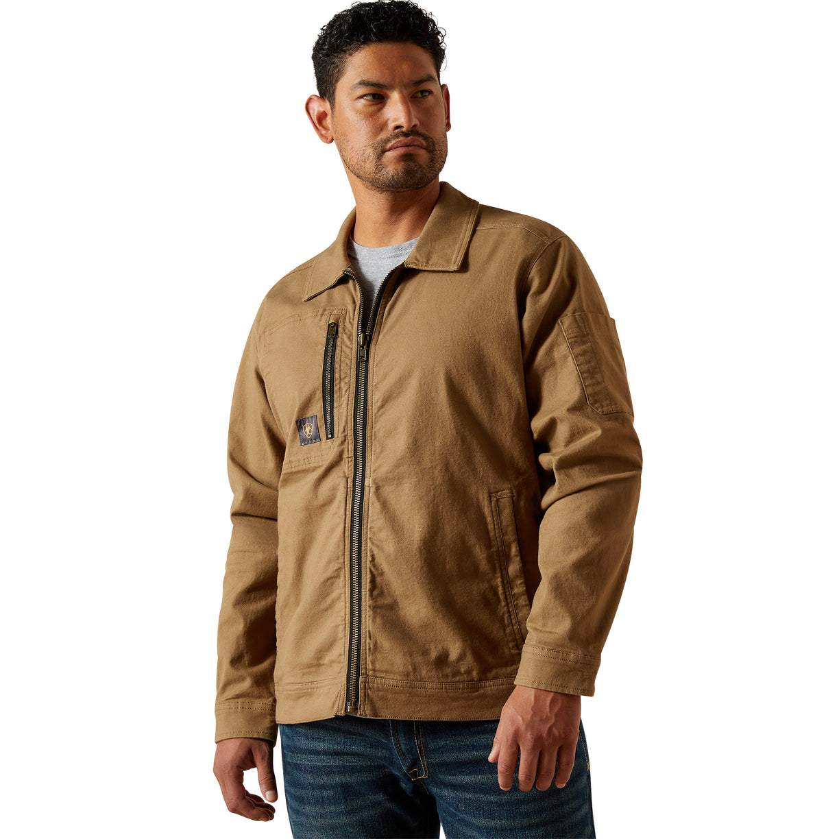 Man wearing a brown jacket on a white background