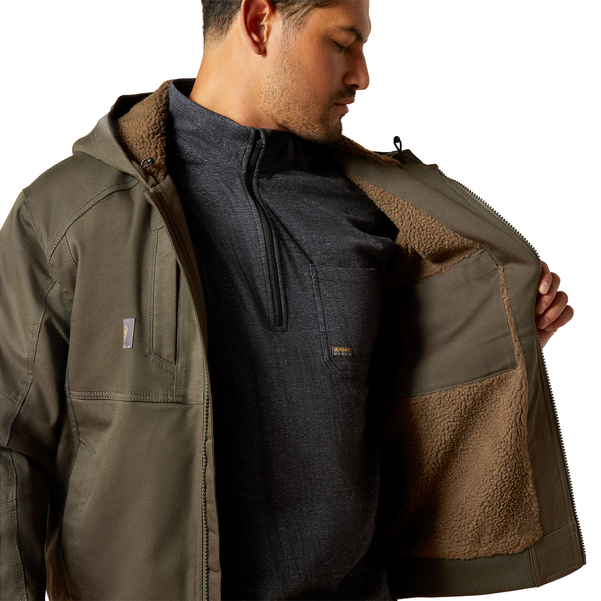 Man wearing a green jacket with brown lining on a white background