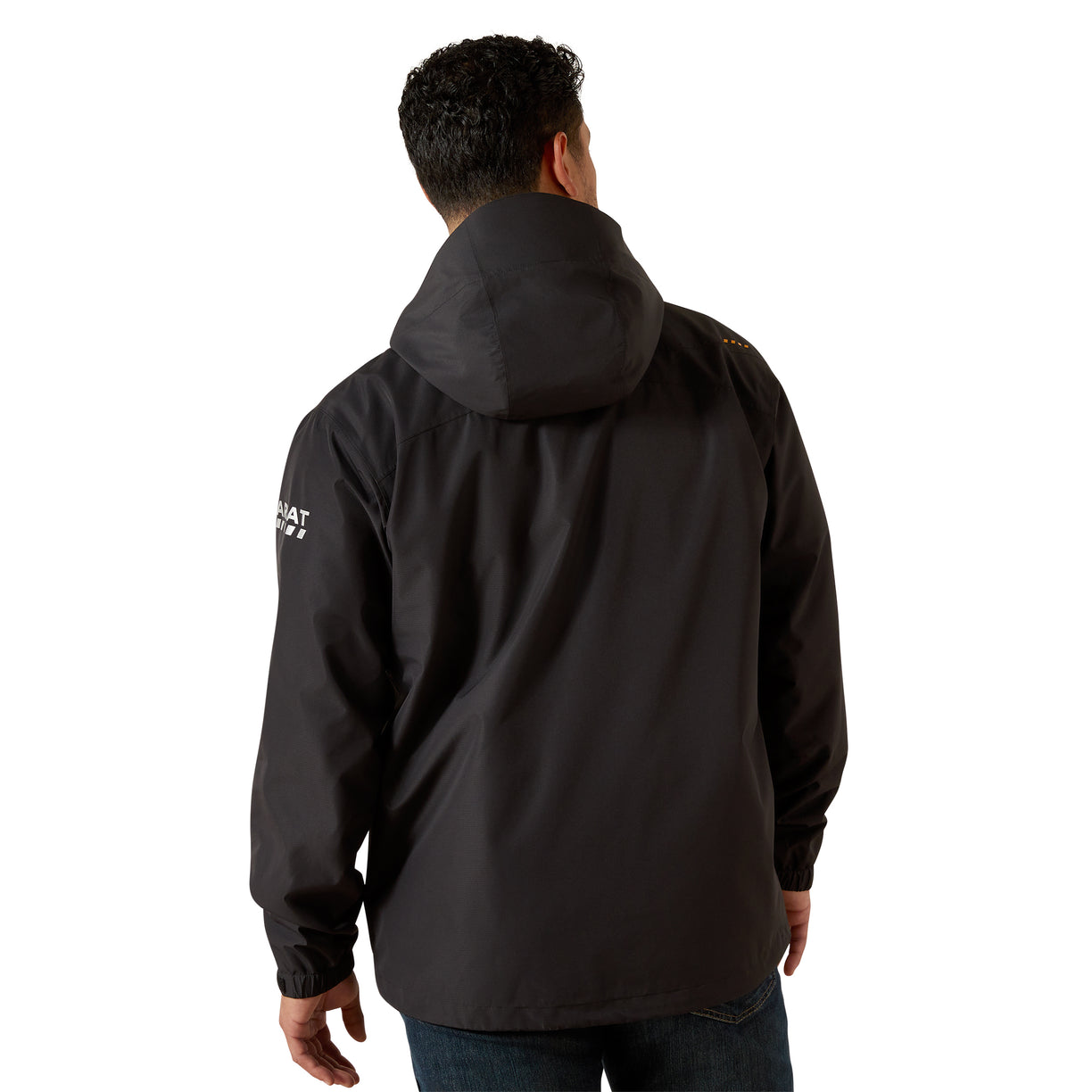 Person wearing a black jacket with a visible brand logo on the sleeve against a white background