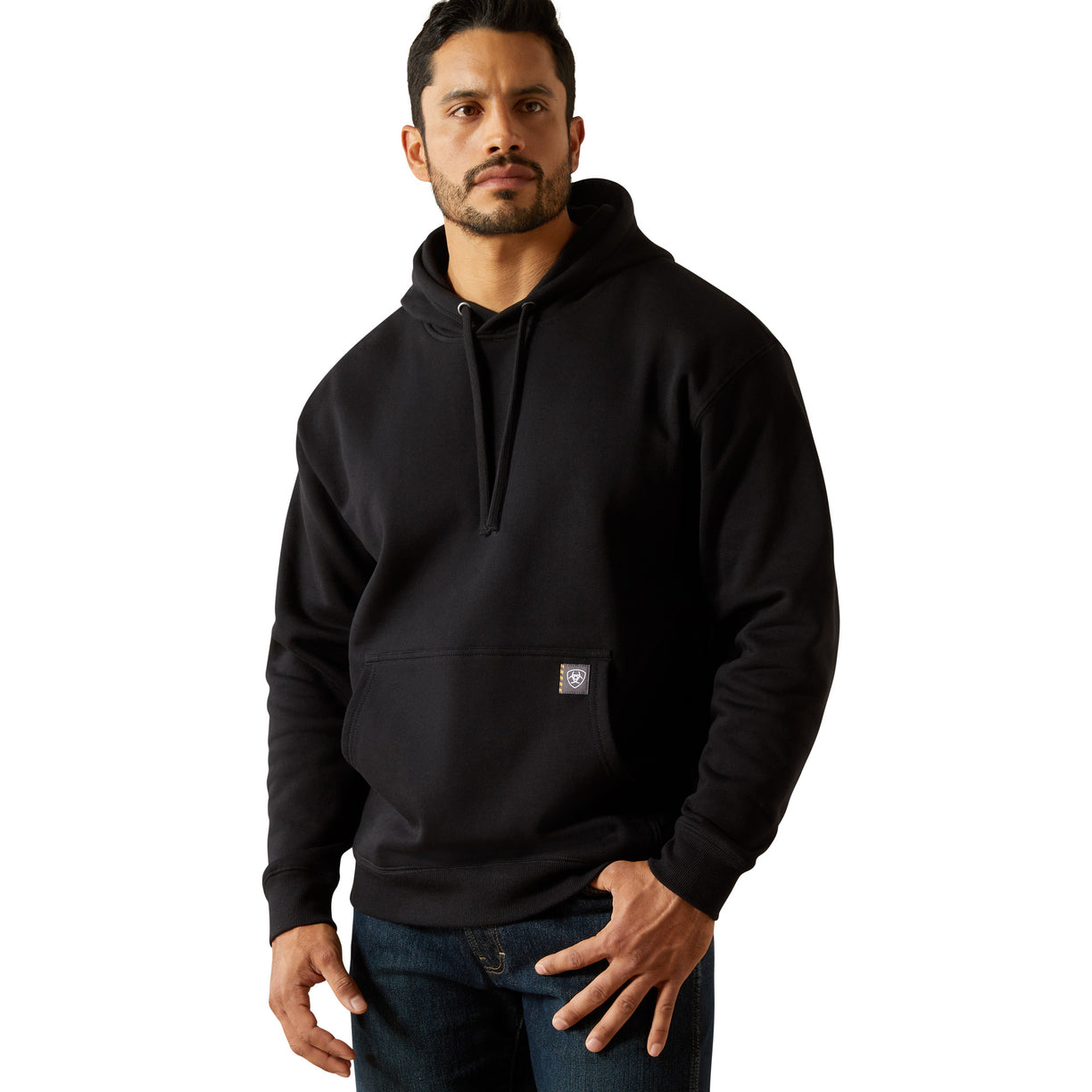 Man wearing a black hoodie on a white background