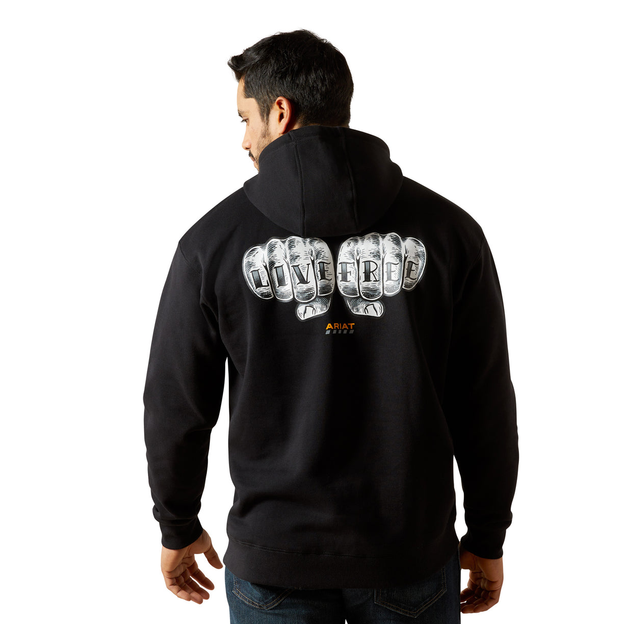 Person wearing a black hoodie with text on the back against a white background