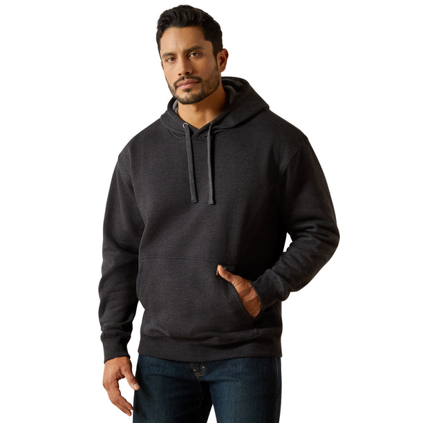 Man wearing a dark gray hoodie on a white background