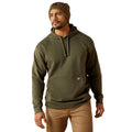 Man wearing an olive green hoodie and brown beanie on a white background