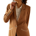 Brown blazer worn by a person on a white background