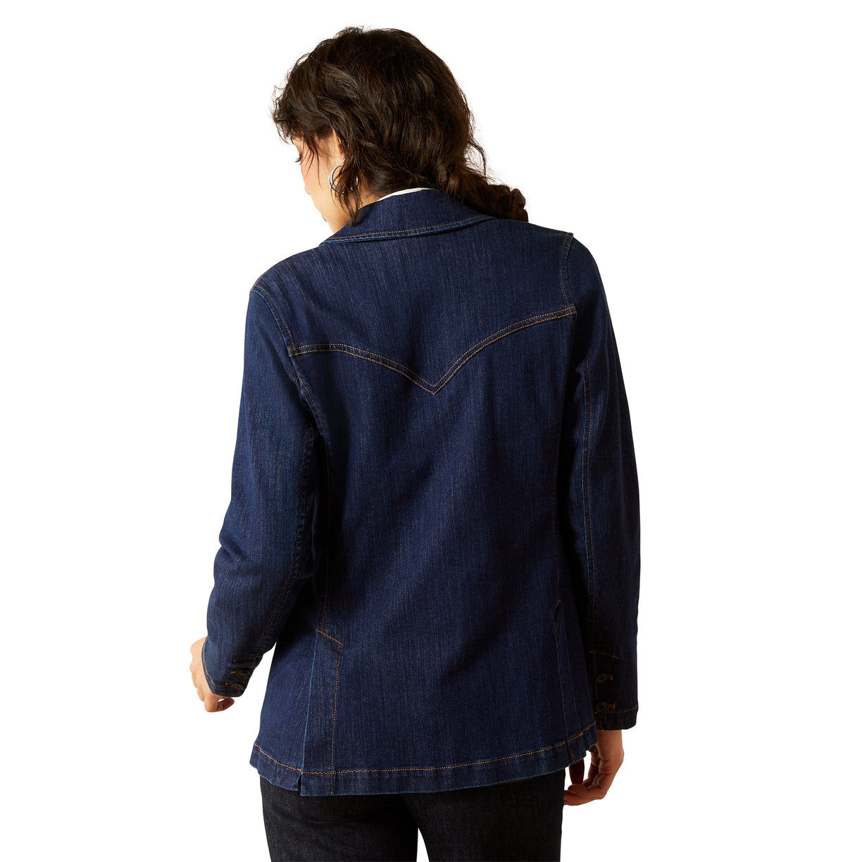 Person wearing a blue denim jacket on a white background