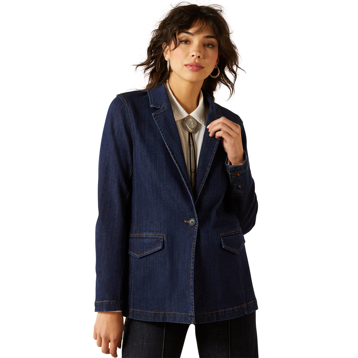 Woman wearing a blue denim jacket on a white background