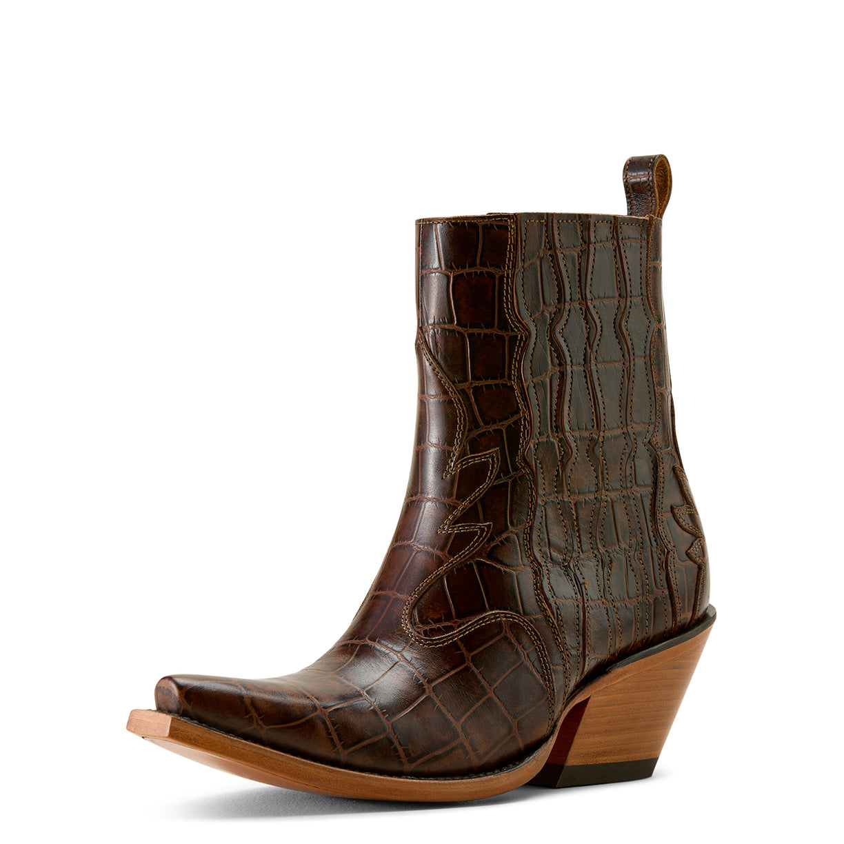 Brown crocodile-patterned leather boot on a white background