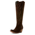 Brown knee-high boot with intricate embroidery on a white background