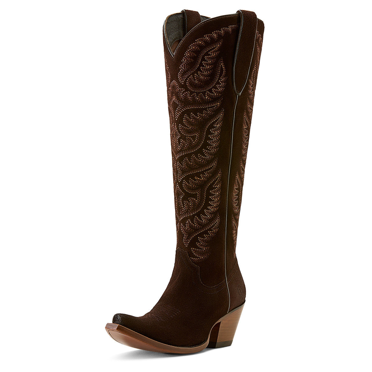 Brown knee-high boot with intricate embroidery on a white background