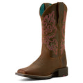 Ariat Women's Round Up Wide Square Toe StretchFit Western Boot in sassy brown leather - Front