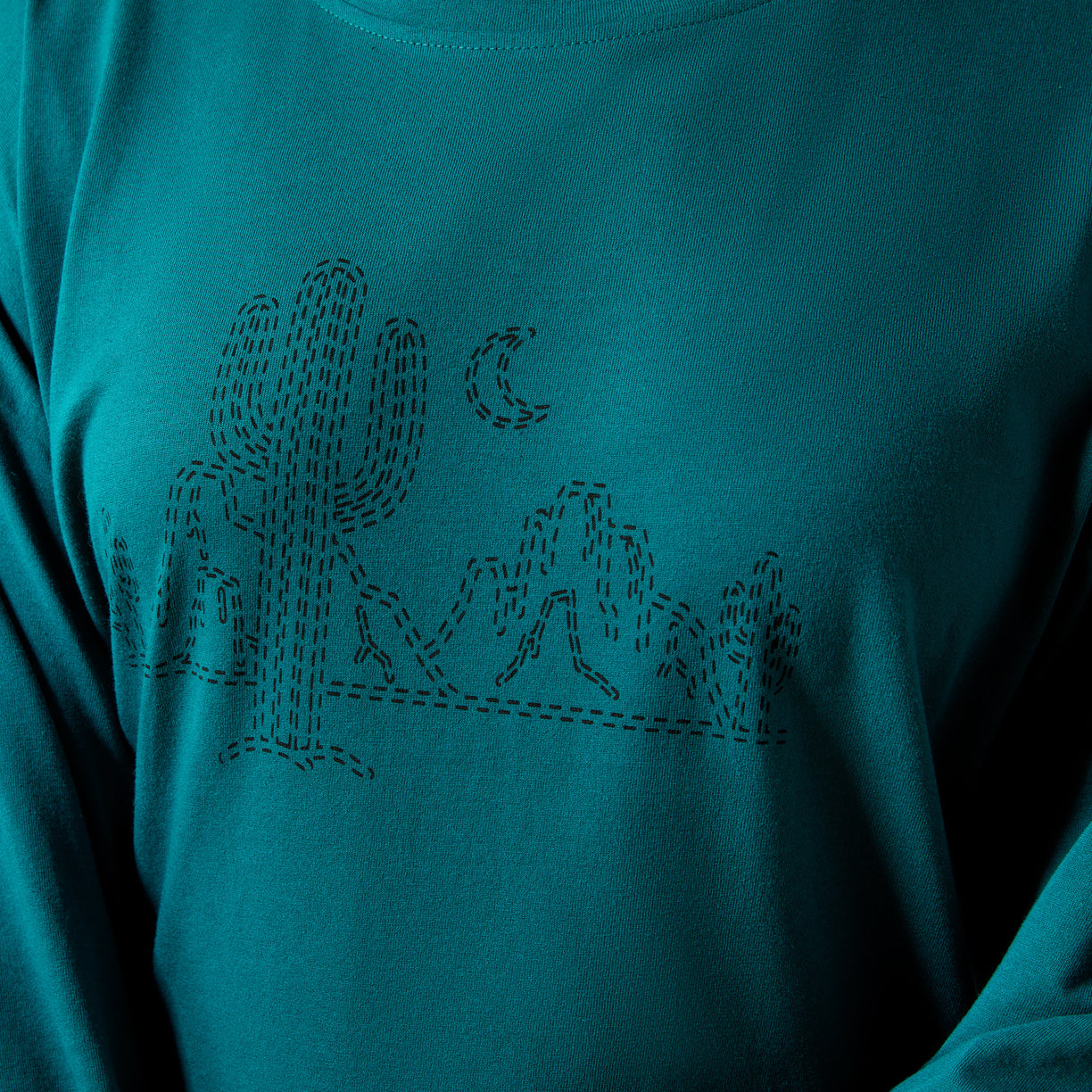 Teal long-sleeve shirt with a black cactus design on a matching teal background