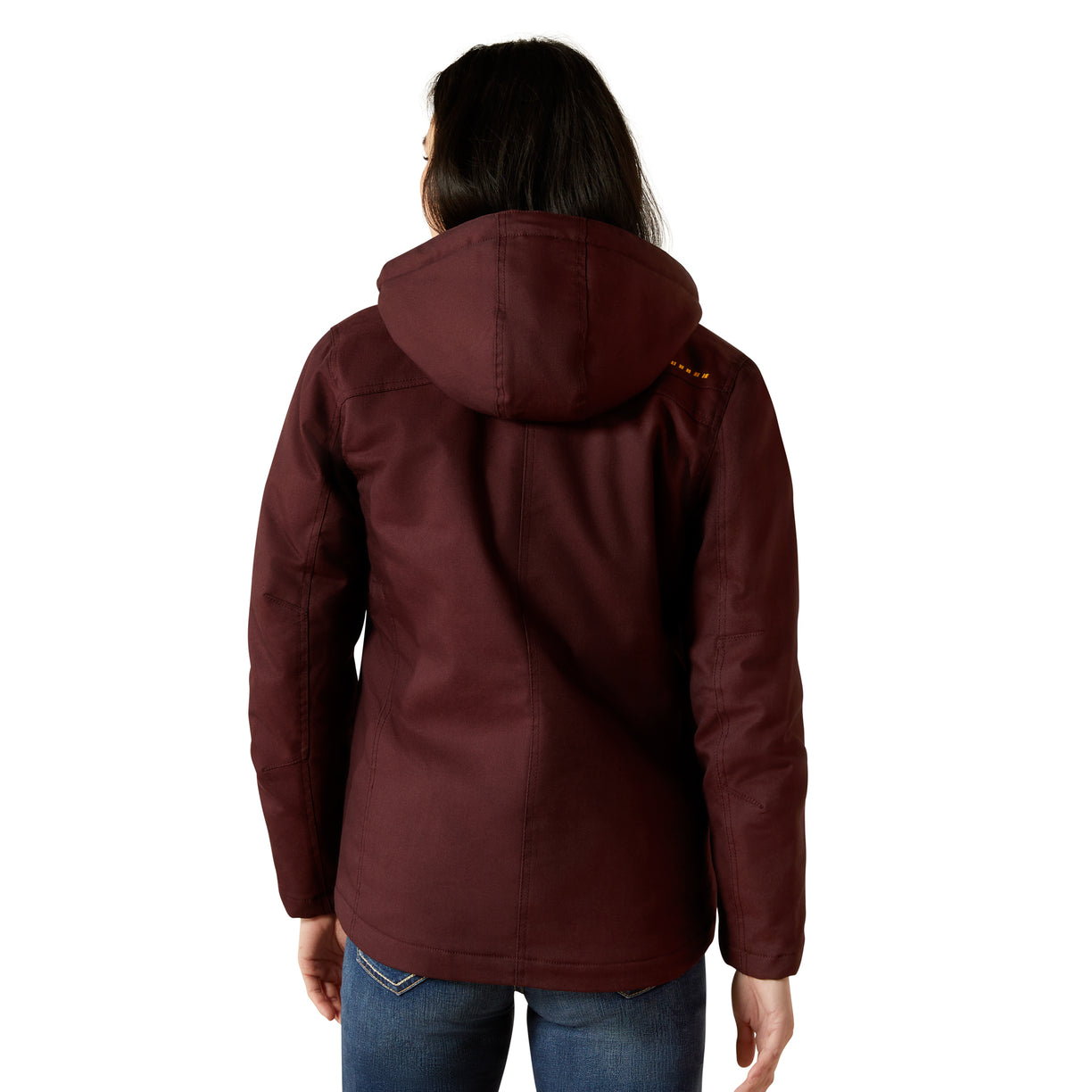 Person wearing a maroon jacket with a hood on a white background