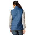Person wearing a blue puffer vest over a gray shirt on a white background