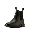A single black leather Chelsea boot with a low block heel, elastic side gore, and pull tabs, shown from a side profile on a white background.