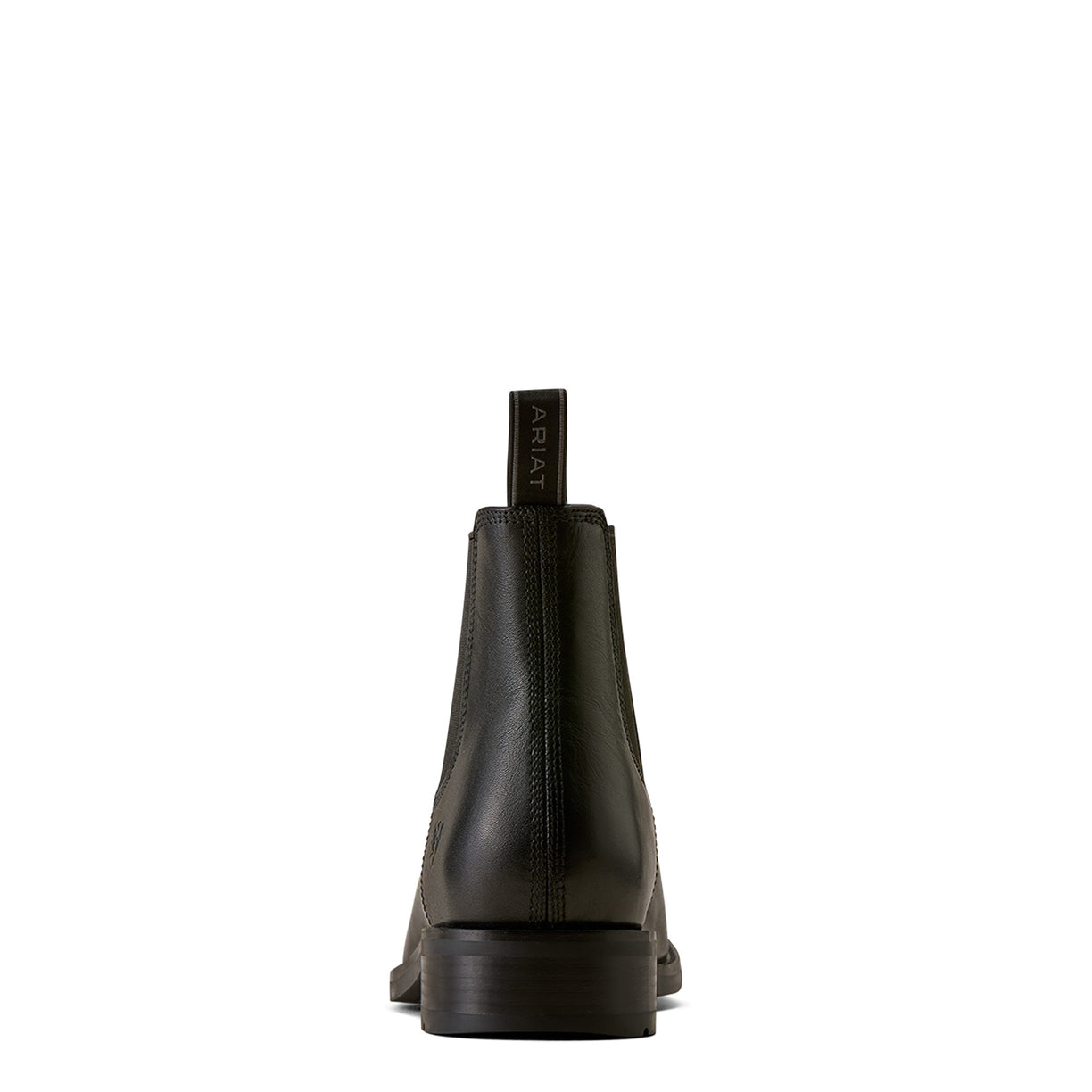 A single black leather Chelsea boot shown from the back against a solid white background.