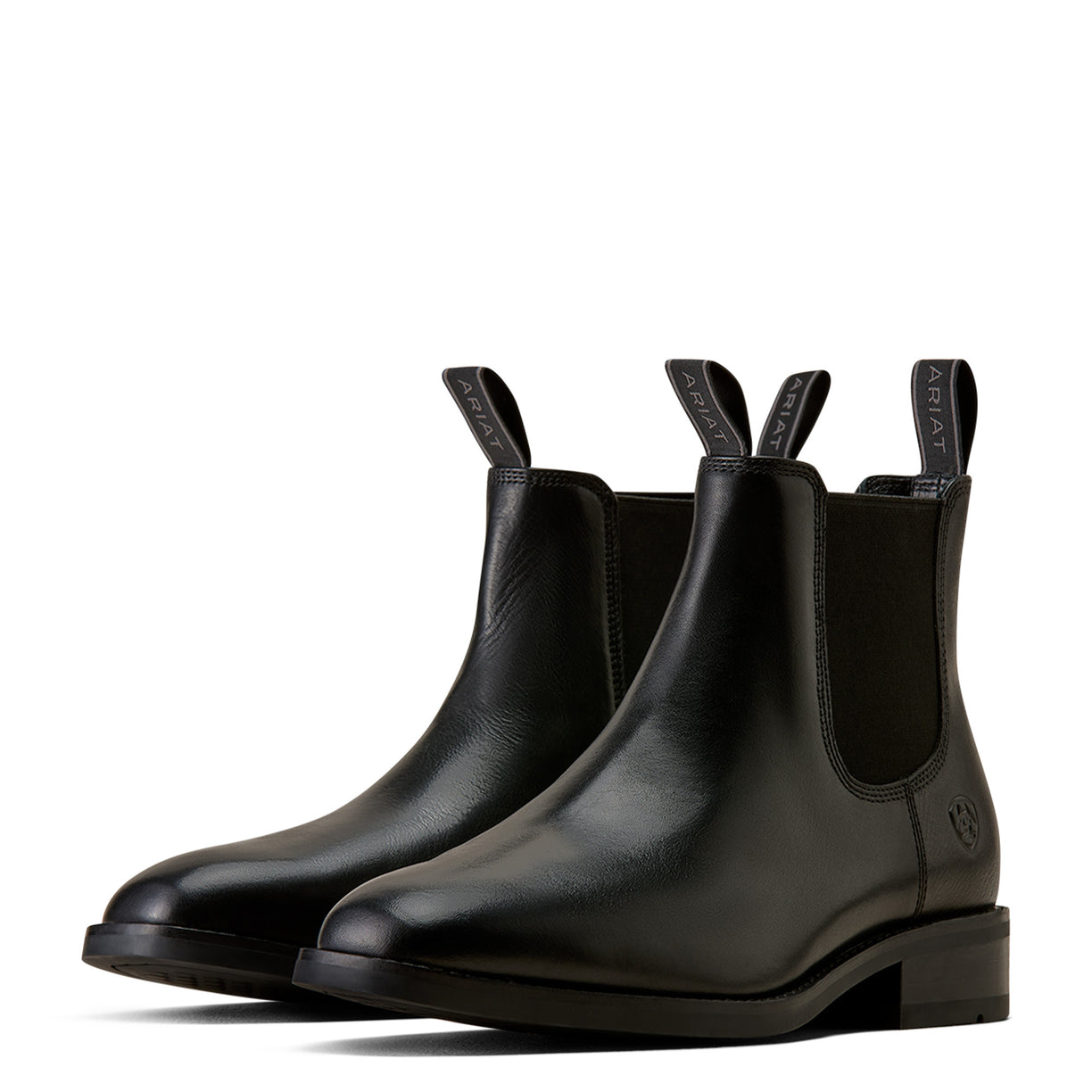 A pair of black leather Chelsea boots with elastic side panels and pull tabs, shown on a clean white background.