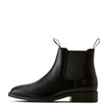 A black leather Chelsea boot with elastic side gore, pull tabs, and a low block heel, shown in profile against a plain white background.