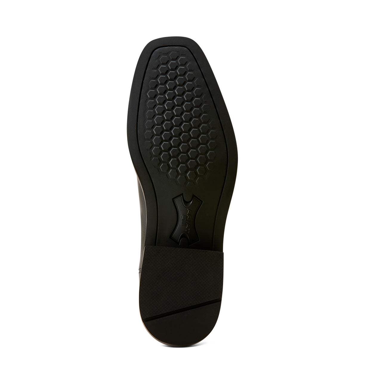 Black shoe sole with green tread pattern on a light gray background