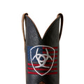 Close-up of a boot with an American flag and biohazard symbol design on a white background