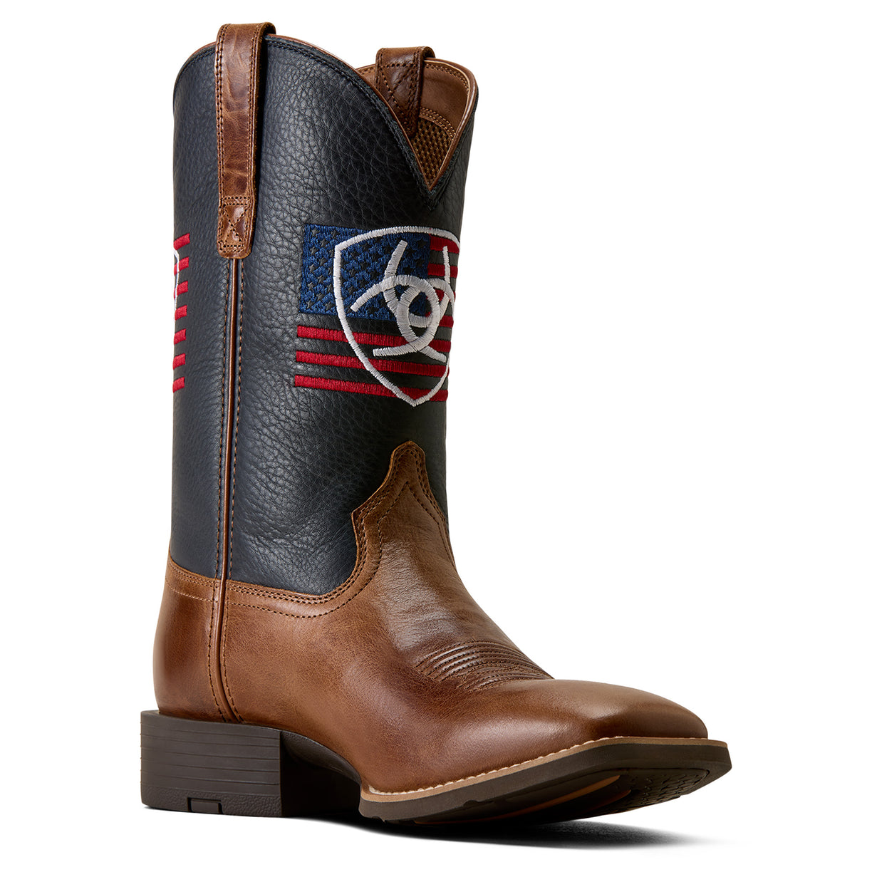 Brown and black cowboy boot with a logo on a white background