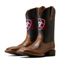 Pair of brown and black cowboy boots with a logo on a white background