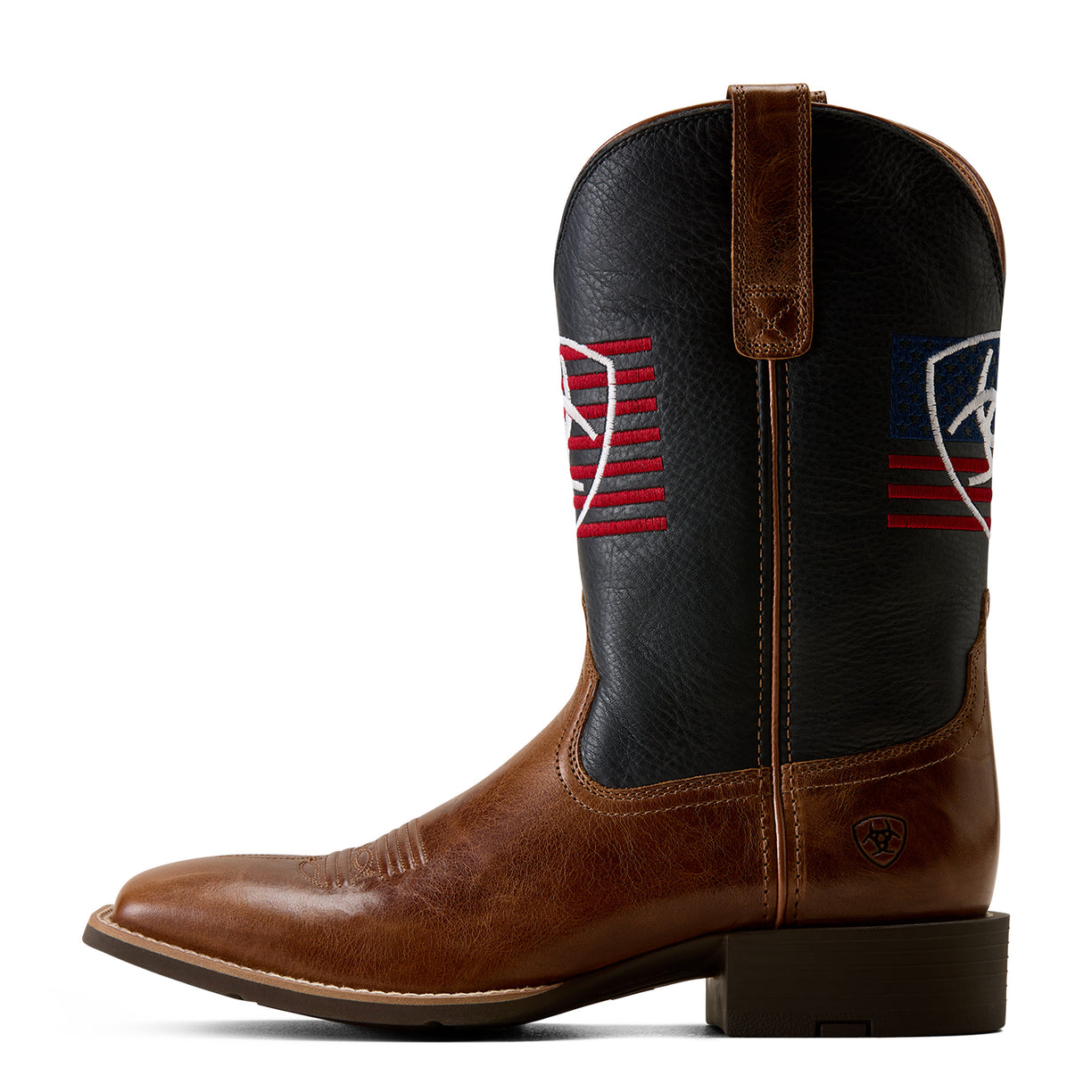 Brown and black cowboy boot with American flag design on a white background