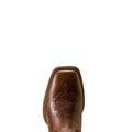 Brown leather boot sole with intricate stitching on a white background