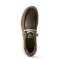 Grey boat shoe with white laces on a white background