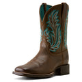Brown cowboy boot with turquoise embroidery on a white background
