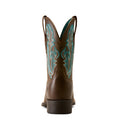 Brown cowboy boot with turquoise embroidery on a white background
