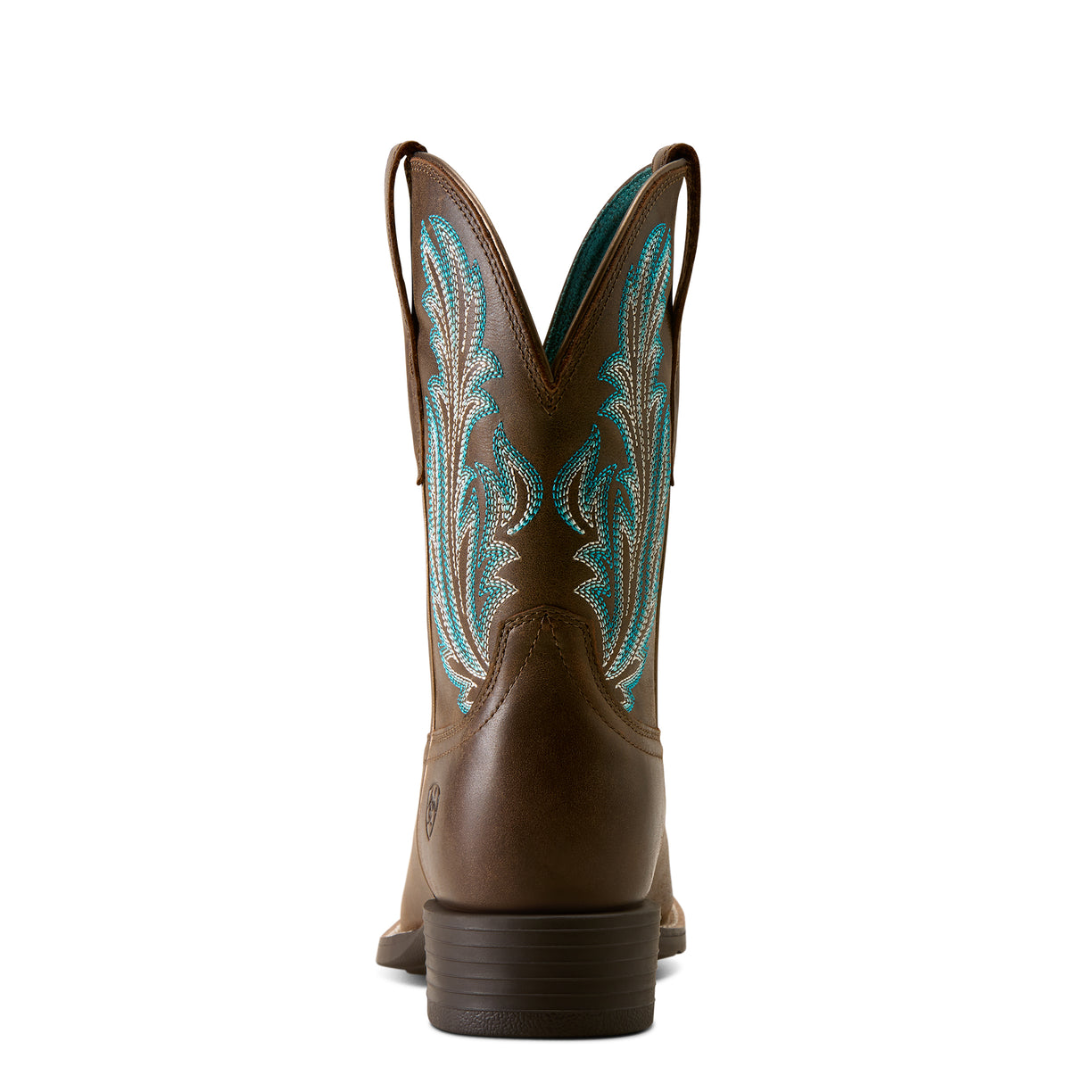 Brown cowboy boot with turquoise embroidery on a white background