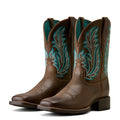 Brown cowboy boots with turquoise embroidery on a white background