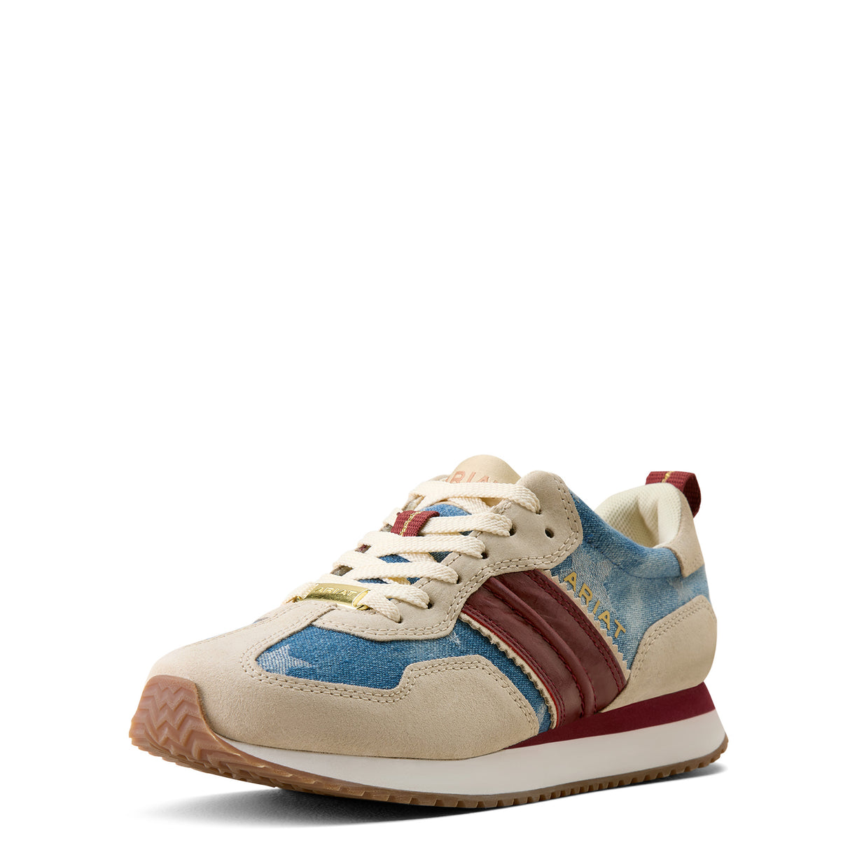 Multicolored sneaker with blue, red, and beige accents on a white background