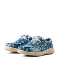 Blue floral-patterned sneakers with white laces on a white background