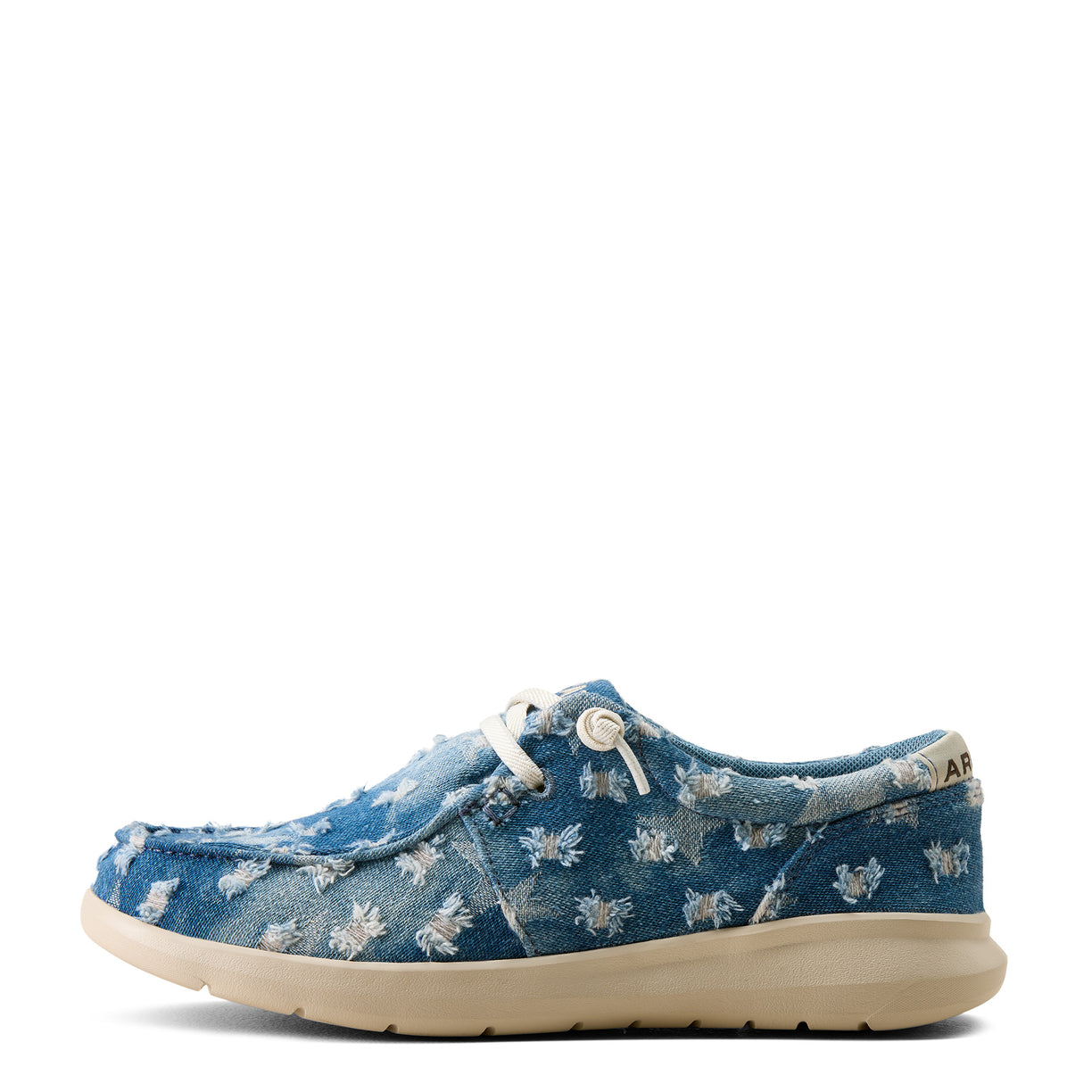 Blue casual shoe with white patterns on a white background