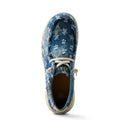Blue floral-patterned shoe with white laces on a white background