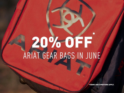 Red Ariat gear bag with promotional text overlay