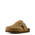 Brown suede clog shoe with a buckle on a light beige background