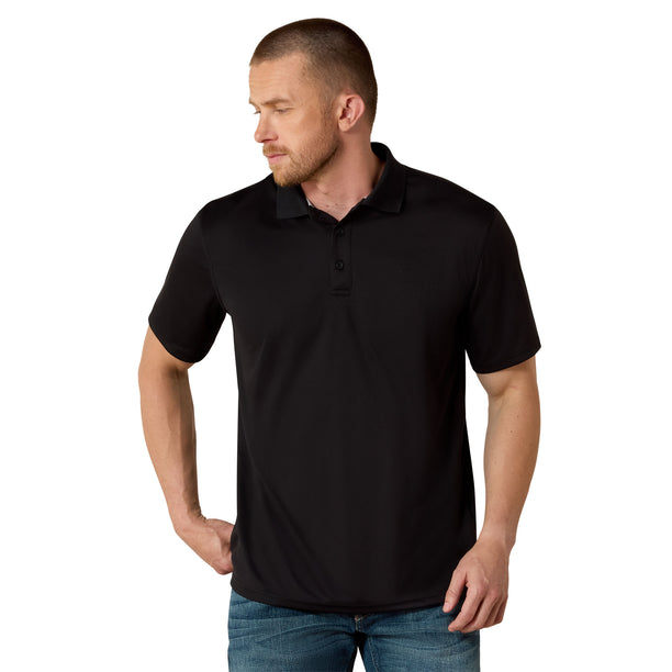 Man wearing a black polo shirt on a white background