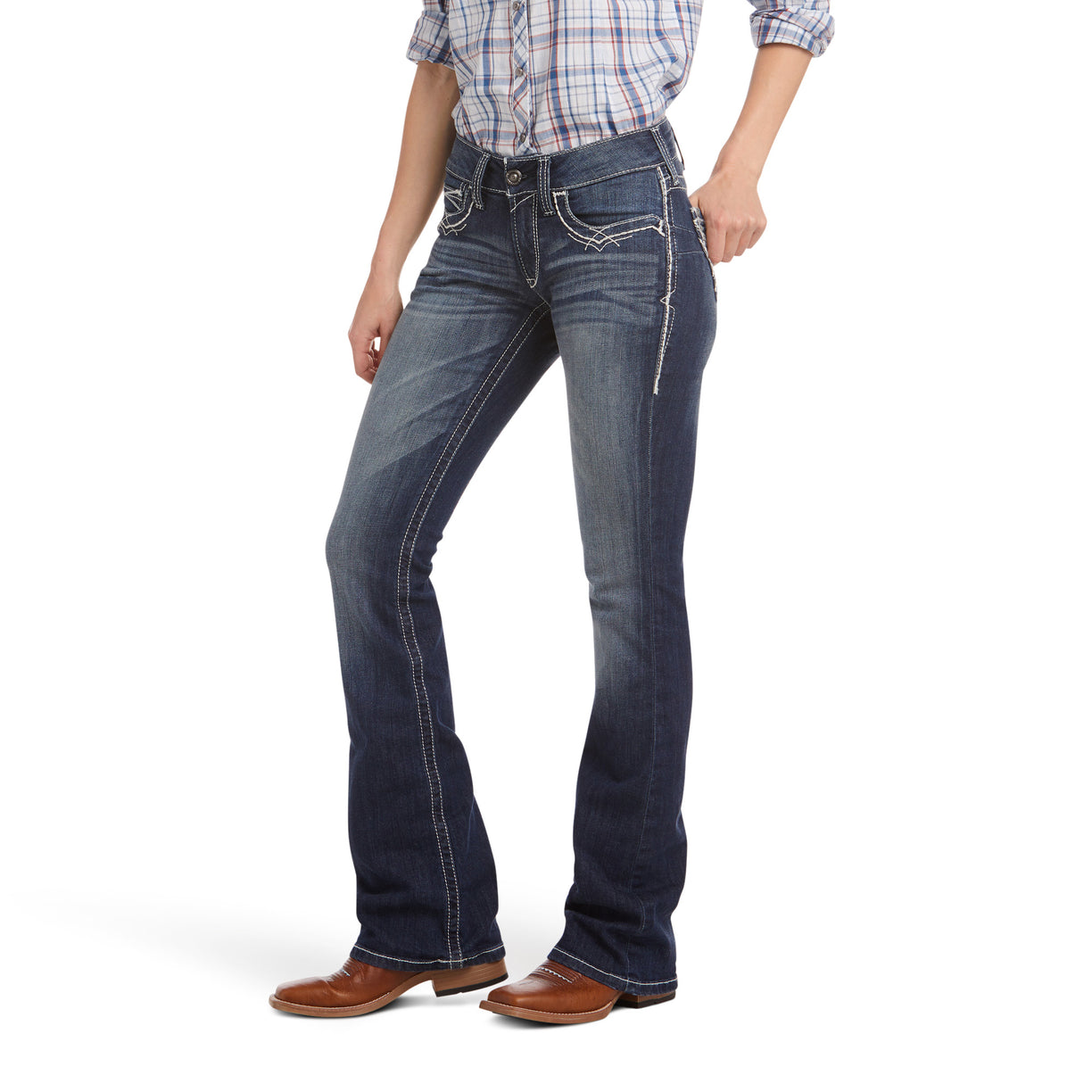 Person wearing blue jeans and a plaid shirt on a white background