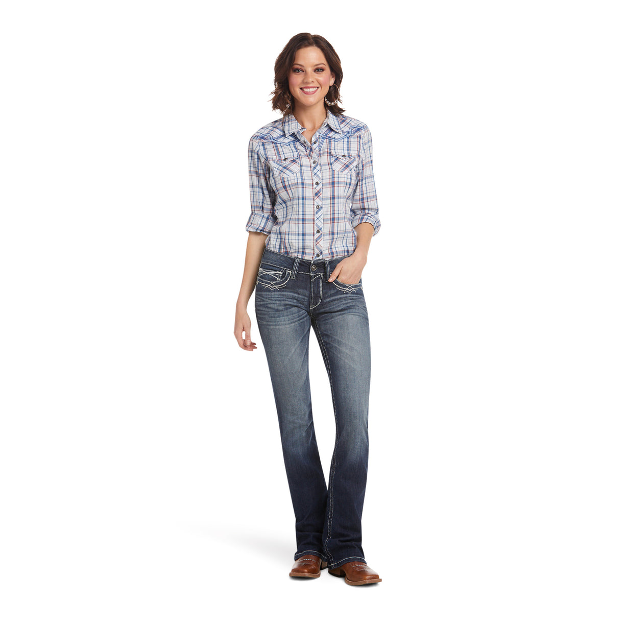 Woman wearing a plaid shirt and jeans on a white background