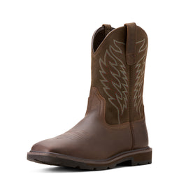 Brown cowboy boot with intricate stitching on a white background