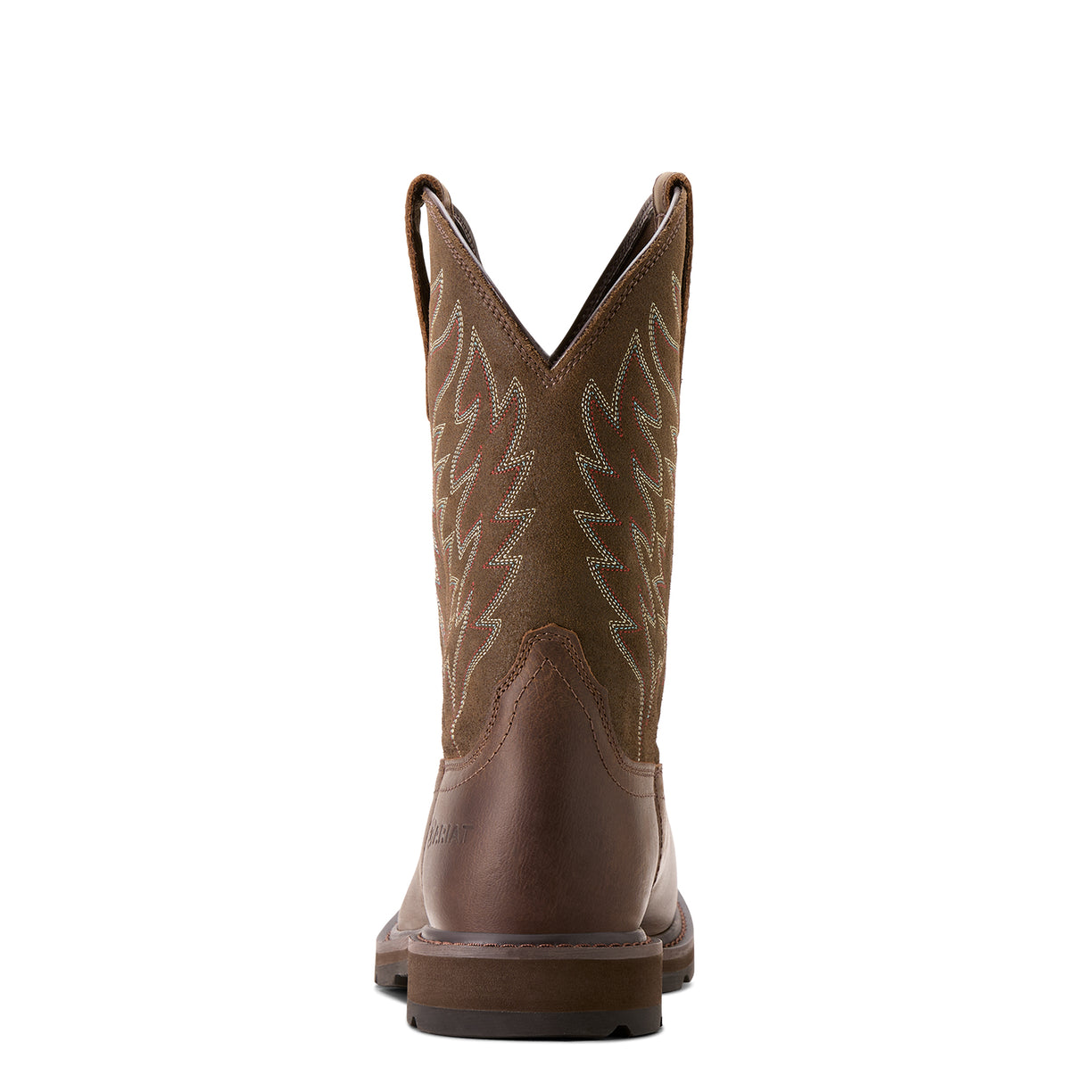 Brown cowboy boot with decorative stitching on a white background