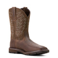 Brown cowboy boot with intricate stitching on a white background